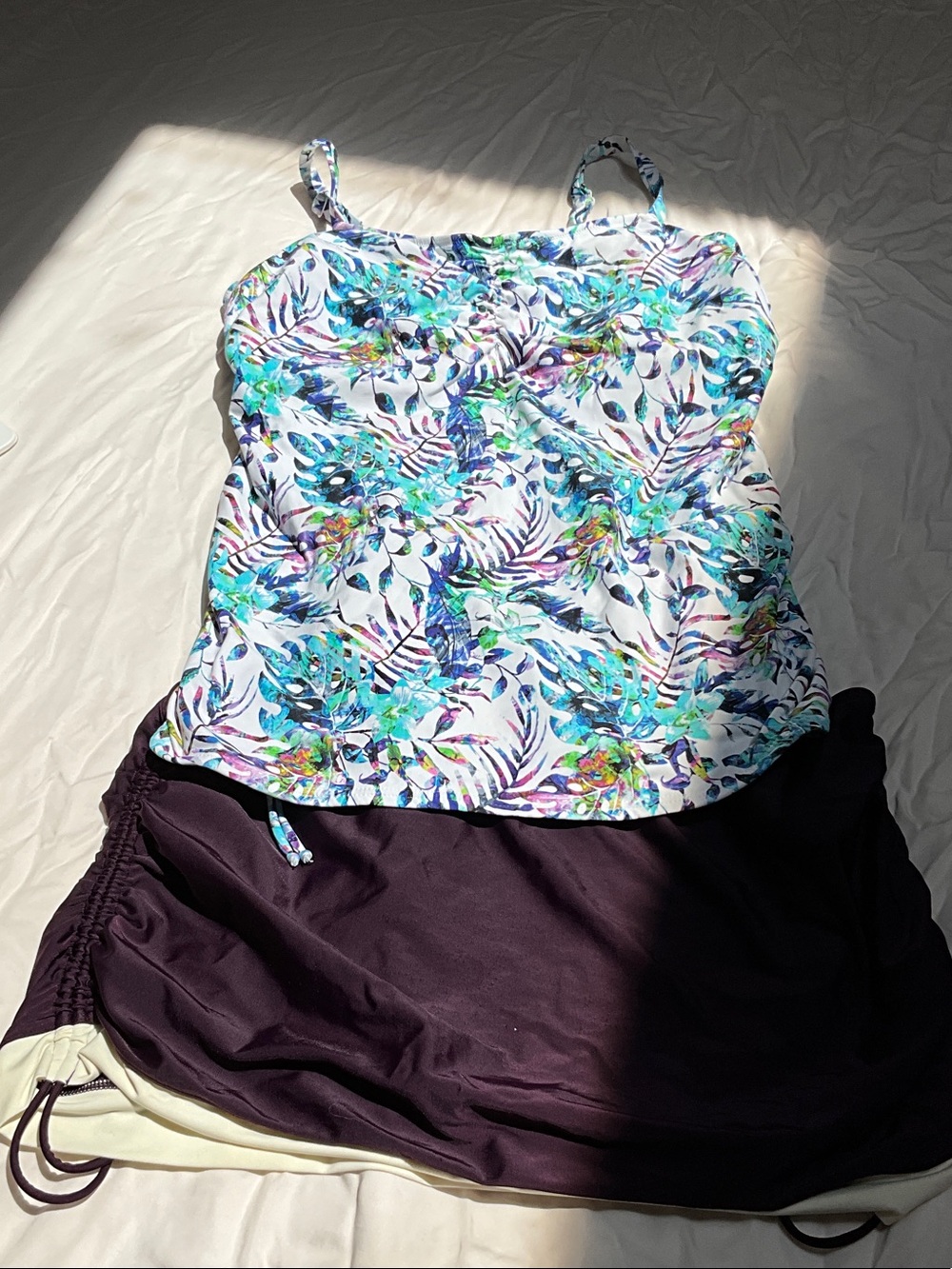 Swim suit cami and matching skirt swim wear, fitted bra inside, draw strings.